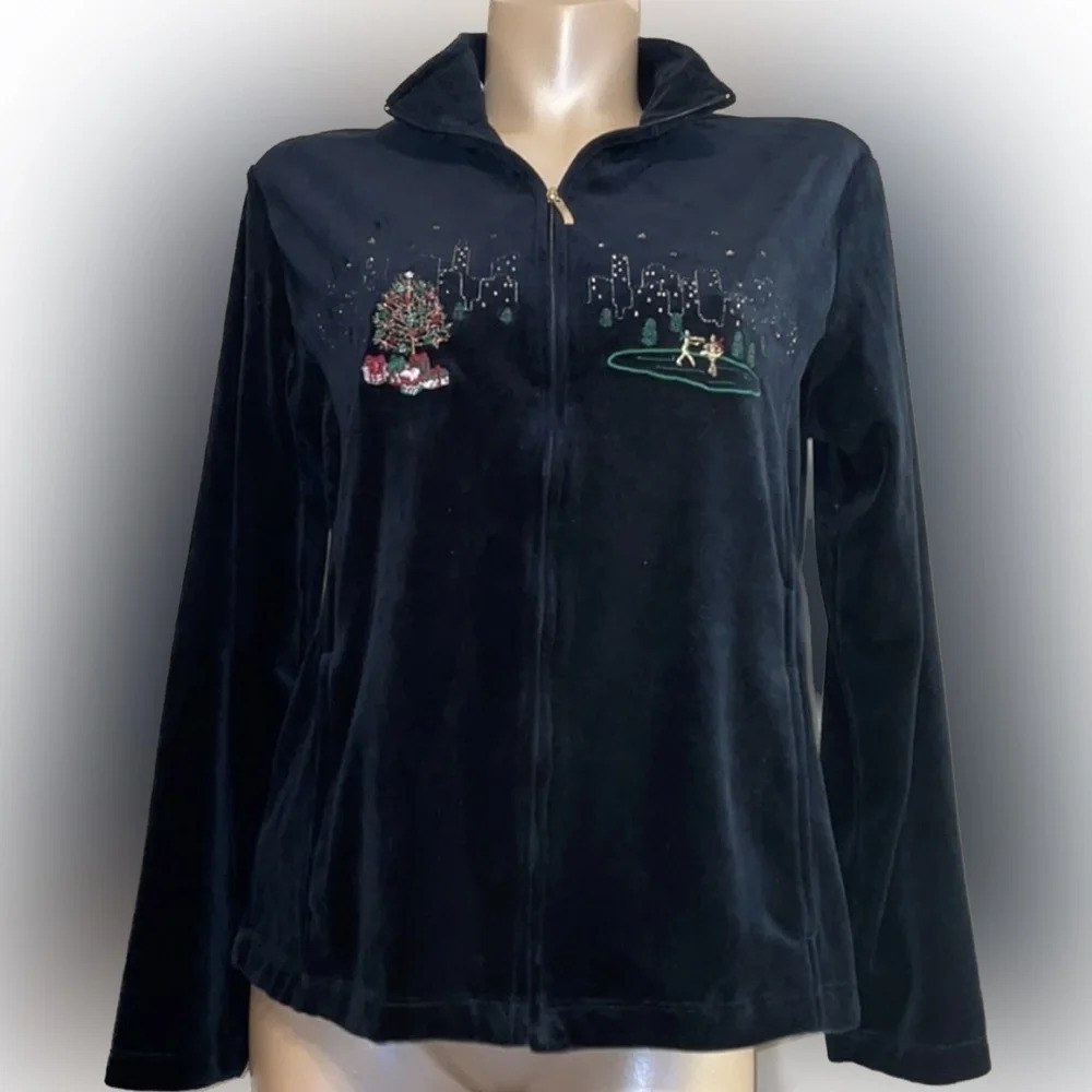 Merry & bright women’s Medium jacket zip up velour embroidered Christmas holiday